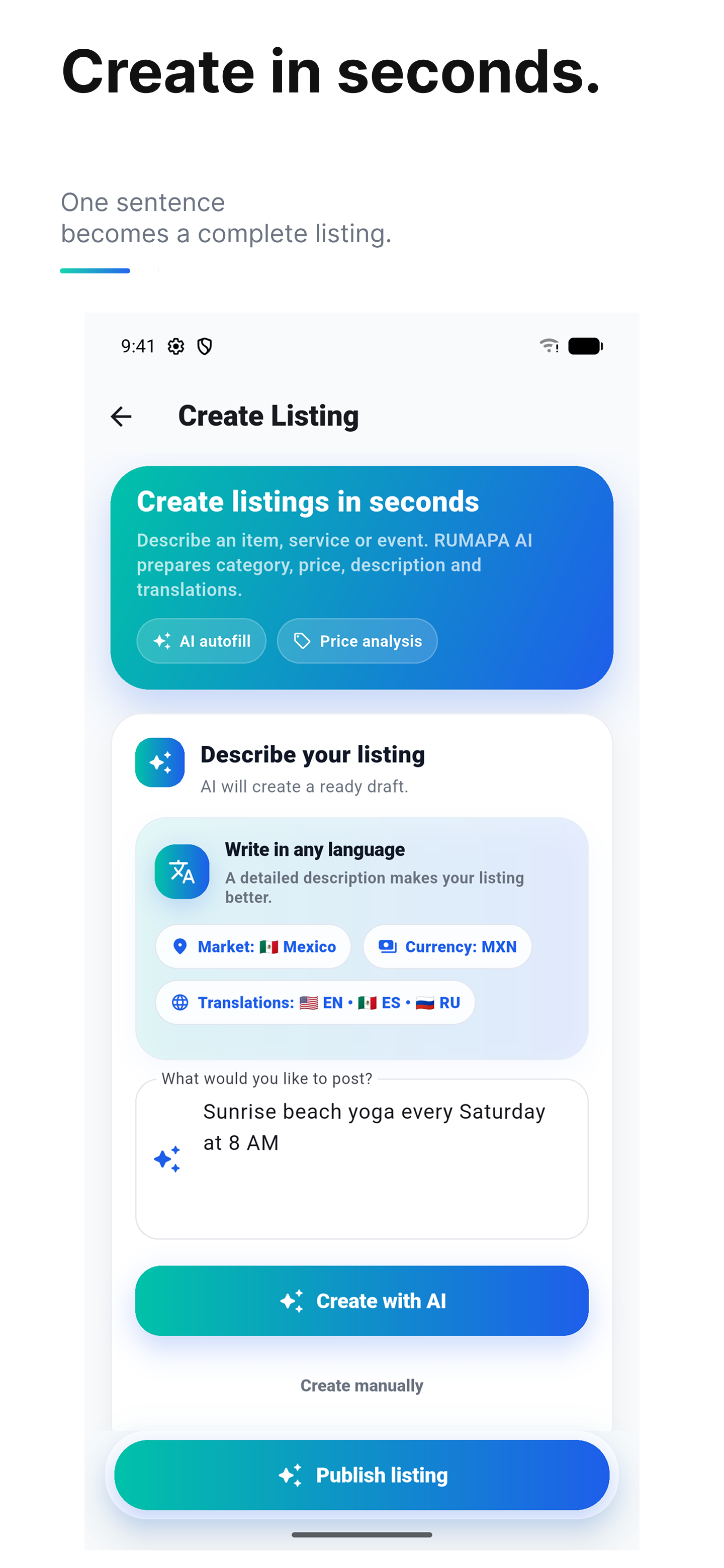 RUMAPA AI create listing screen