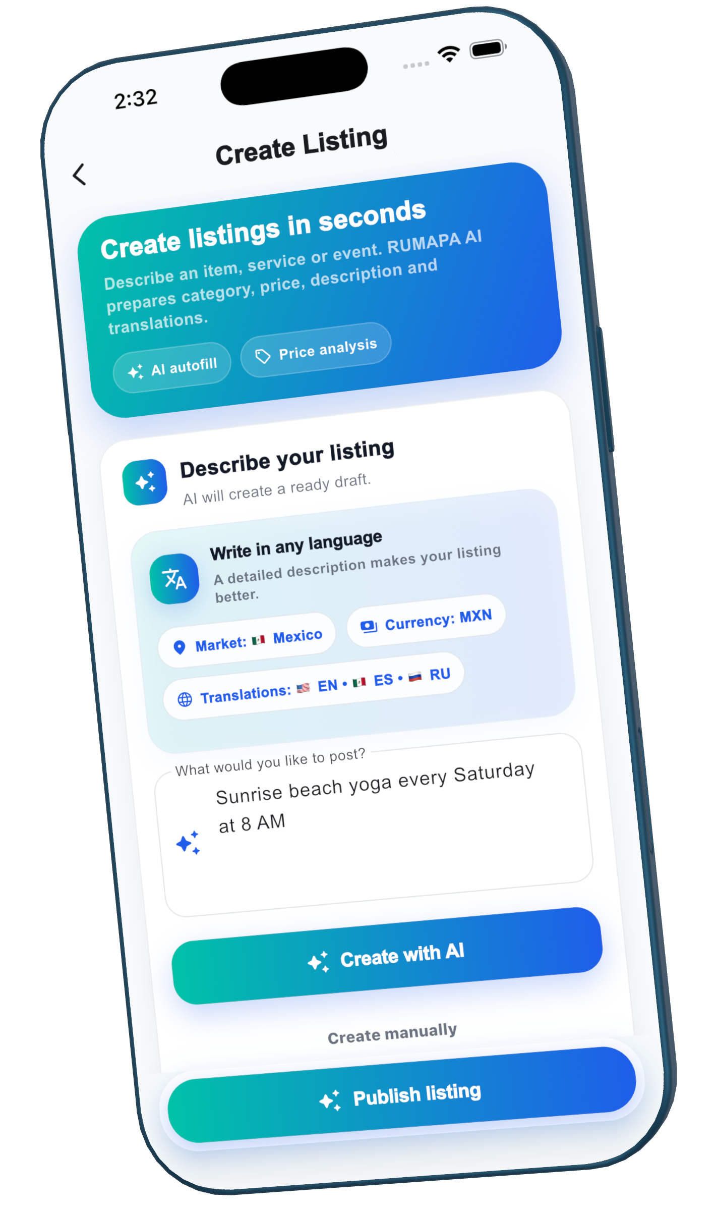 RUMAPA AI create listing screen